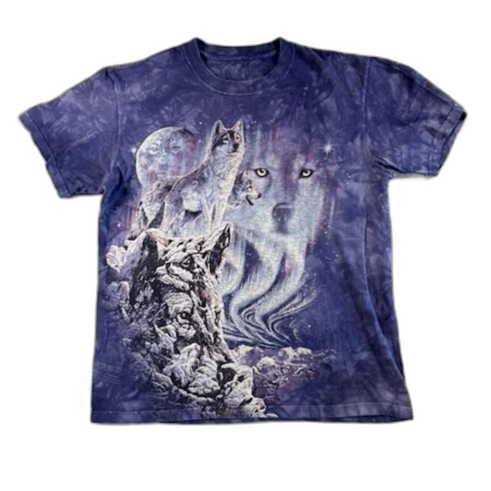 The Mountain Wolf Moon Graphic T Shirt Small Purple Tie Dye Y2K Wildlife Tee